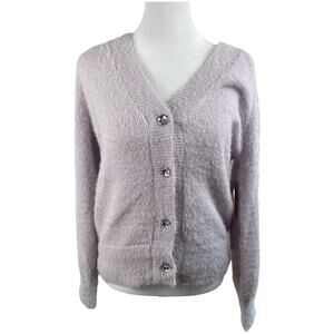 SALE! CARDIGAN SWEATER PURPLE FUZZY COZY COMFY CRYSTAL BUTTONS SPARKLE GLAM